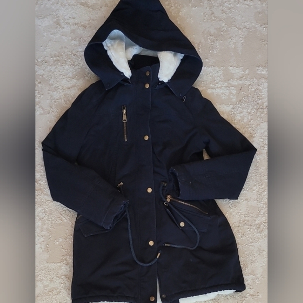 Bellivera Women’s Utility Coat Size S Navy Faux Fur Lined Warm